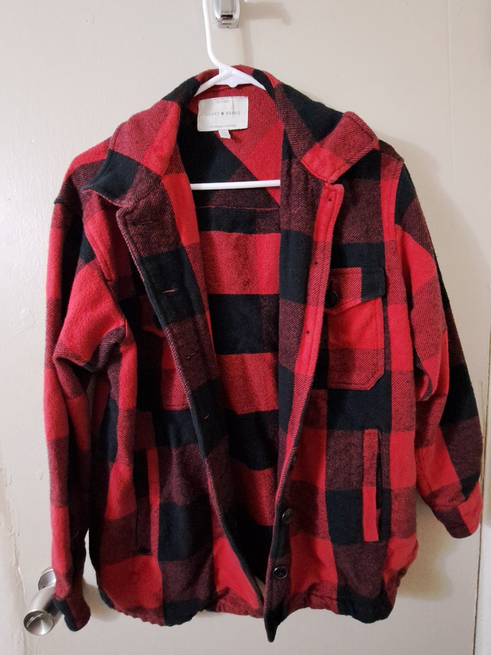 Lucky Brand Kids Red and Black Plaid Pea Coat